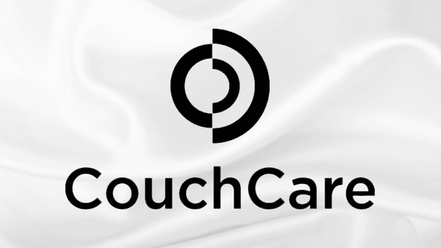CouchCare logo in black on a white fabric background.