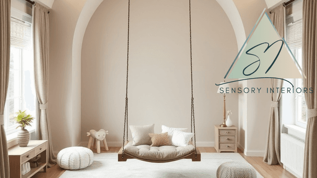 "Sensory Interiors logo over a calming, sensory-friendly room design, reflecting the company's expertise in creating neurodivergent-centered spaces."