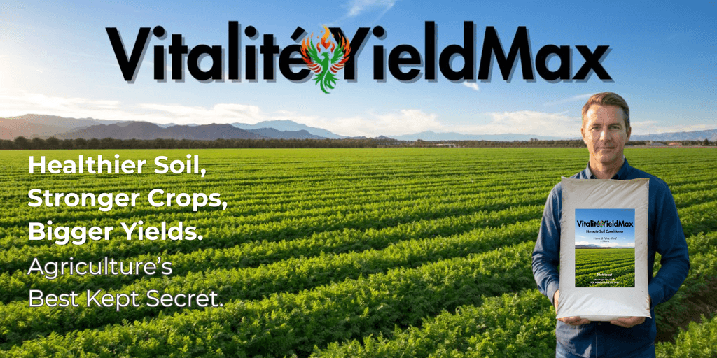 Vitalité brand delivering soil and cellular health solutions, combining YieldMax soil conditioner and Humalite supplements to boost yields, resilience, and natural vitality.