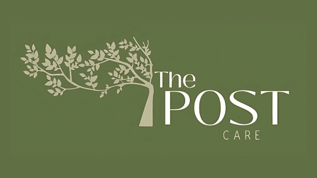 The Post Care logo featuring a tree with leaves and the brand name displayed on a green background, symbolizing care and nurturing."