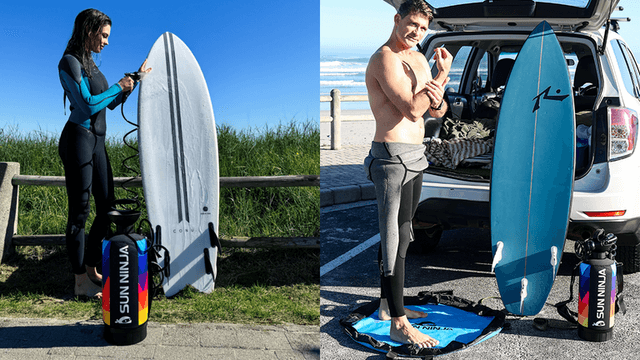 "Woman preparing her surfboard and man getting ready to surf by the beach, both using a Sun Ninja bag for surfboard care."