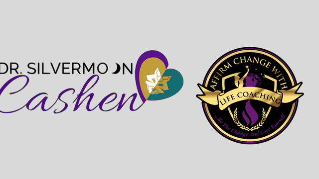 Logos for Dr. Silvermoon Cashen and Affirm Change with Life Coaching in purple, gold, green, and black.