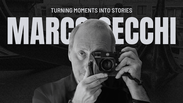 Marco Secchi holding a camera with bold text “Turning Moments Into Stories” and his name in large font behind him