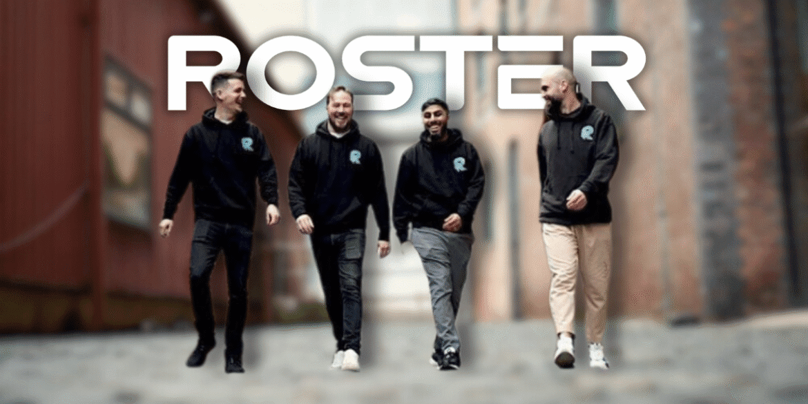Group of four professionals wearing branded Roster hoodies, walking down a city alley. The logo 'ROSTER' is prominently displayed above them, symbolizing teamwork and collaboration in a modern, urban setting.