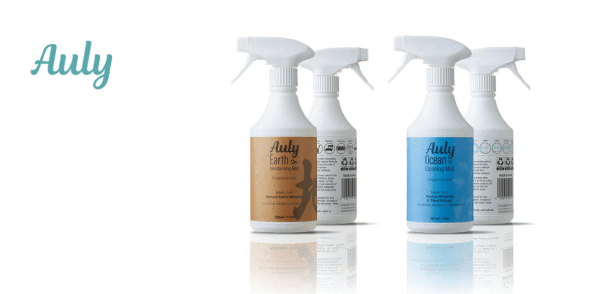 Auly Earth Deodorizing Mist, Auly Ocean Cleaning Mist, and Auly Ocean Cleaning Mist sprays in white bottles with natural mineral and plant extract-based formulas, placed side by side on a clean white surface, showcasing the fragrance-free labeling and eco-friendly packaging.