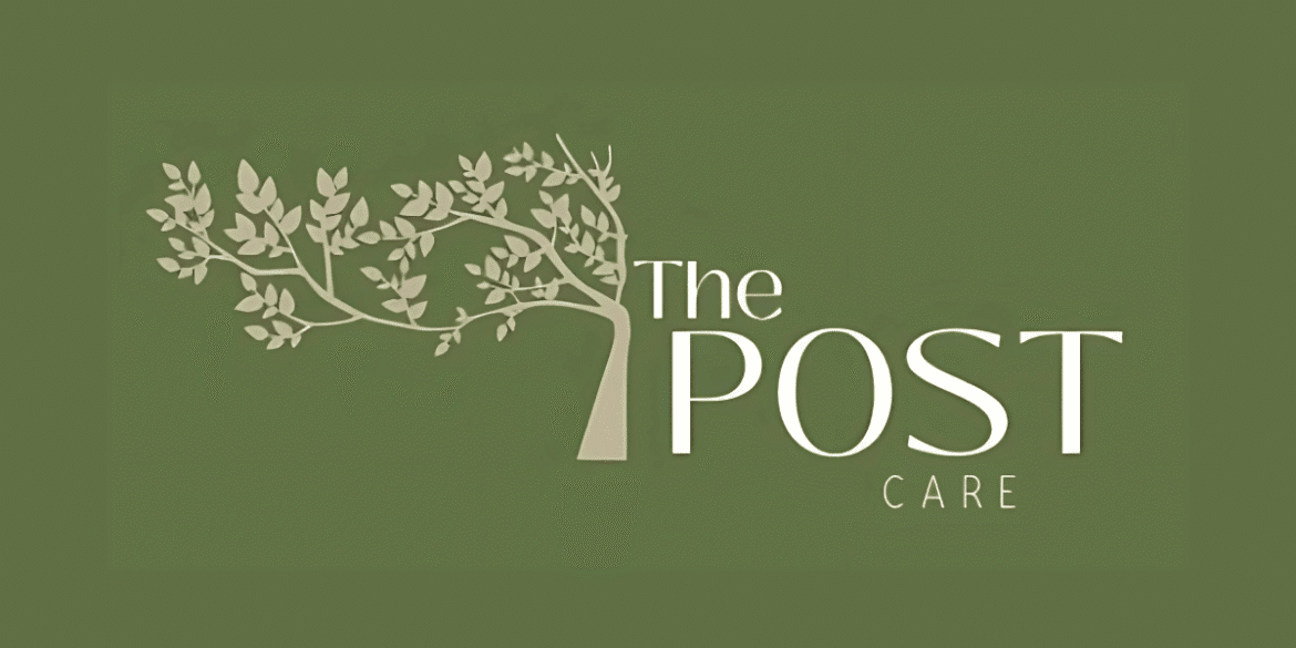 The Post Care logo featuring a tree with leaves and the brand name displayed on a green background, symbolizing care and nurturing."