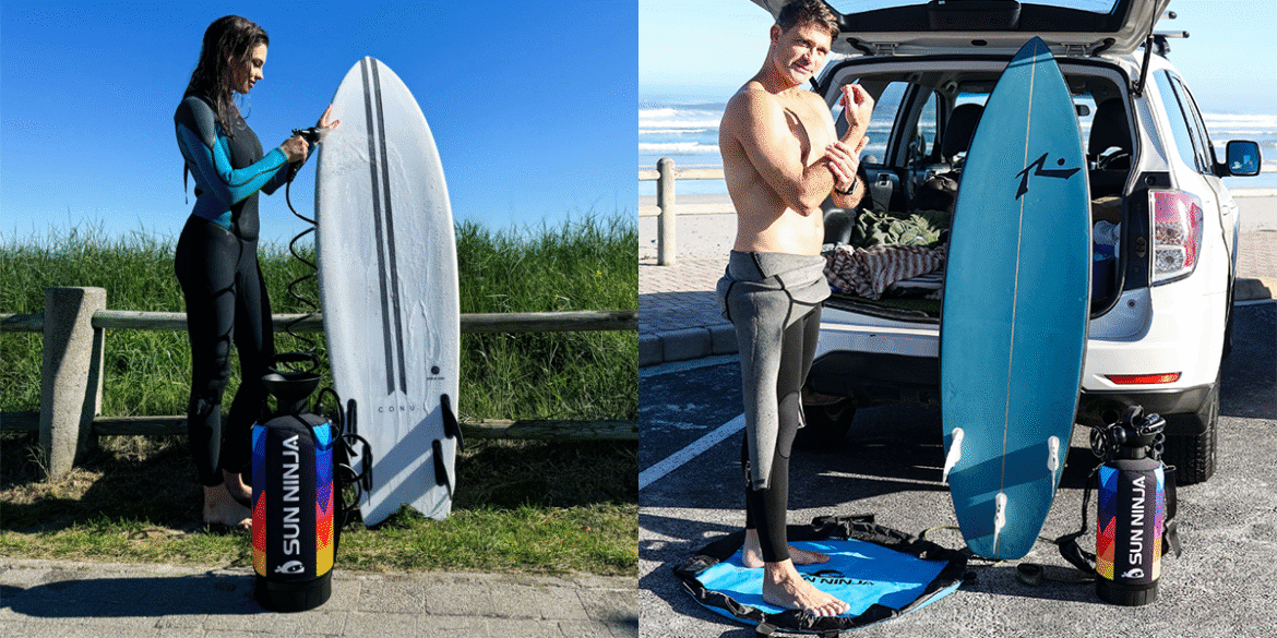 "Woman preparing her surfboard and man getting ready to surf by the beach, both using a Sun Ninja bag for surfboard care."