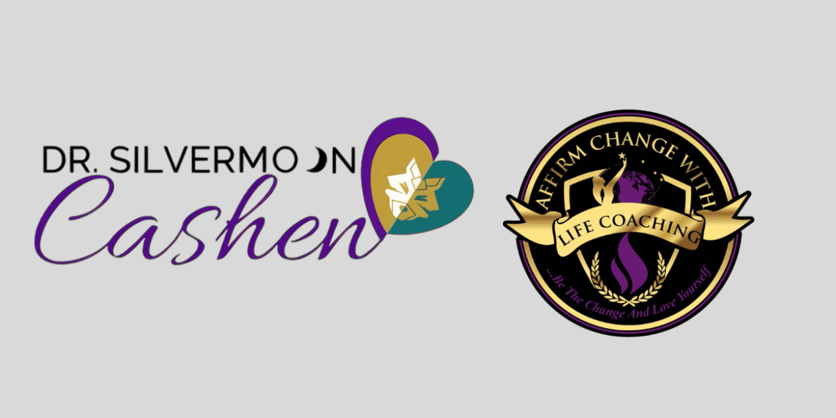 Logos for Dr. Silvermoon Cashen and Affirm Change with Life Coaching in purple, gold, green, and black.