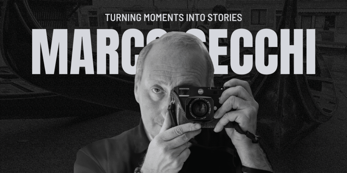 Marco Secchi holding a camera with bold text “Turning Moments Into Stories” and his name in large font behind him