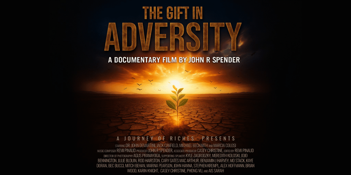 "Movie poster for 'The Gift in Adversity', a documentary film by John R. Spender, featuring a plant growing from cracked earth with a dramatic sunset background and text above."