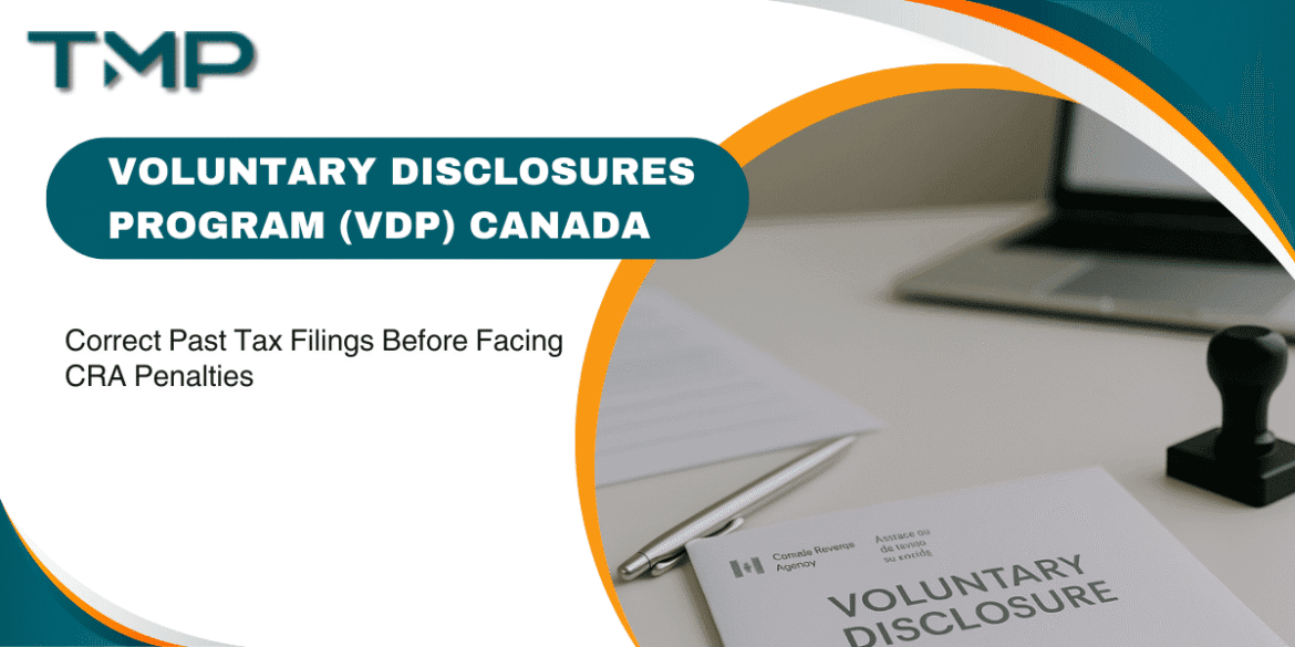 Document labeled "Voluntary Disclosure" beside pen and laptop, promoting CRA's Voluntary Disclosures Program to fix tax errors.