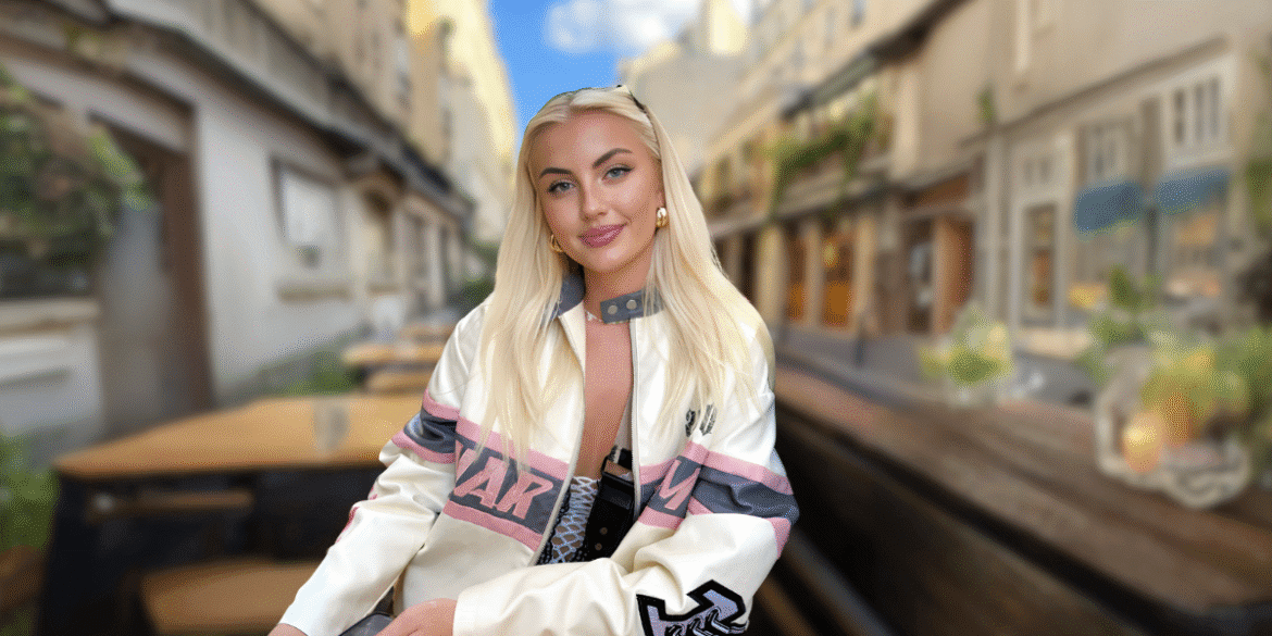 Elsa Thora poses confidently on a European street, embodying authenticity as Hinge’s most liked woman.