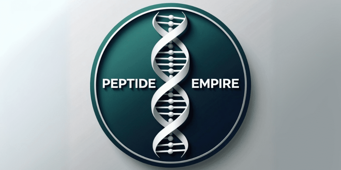 Peptide Empire logo featuring DNA helix symbol with bold text in a clean, modern design.