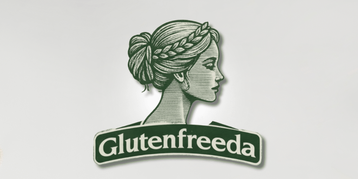 Glutenfreeda logo featuring a classic illustration of a woman with a braided hairstyle, symbolizing reliability in gluten-free resources.