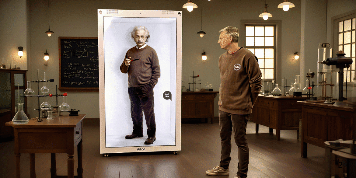 The image shows a full-body hologram of Albert Einstein, interacting with a person in a science lab setting.