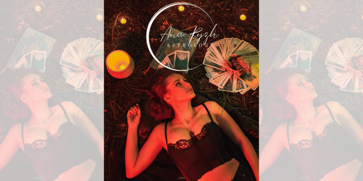 Anastasia Ryzhkova, astrologer, surrounded by tarot cards and candles, embodies the blend of astrology, creativity, and healing.