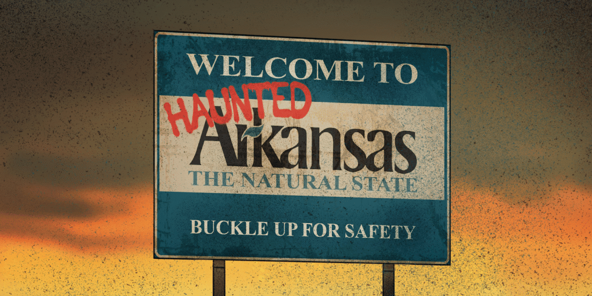 "Haunted Arkansas" series logo featuring a reimagined welcome sign, promoting paranormal investigations in Arkansas with an authentic, raw approach.