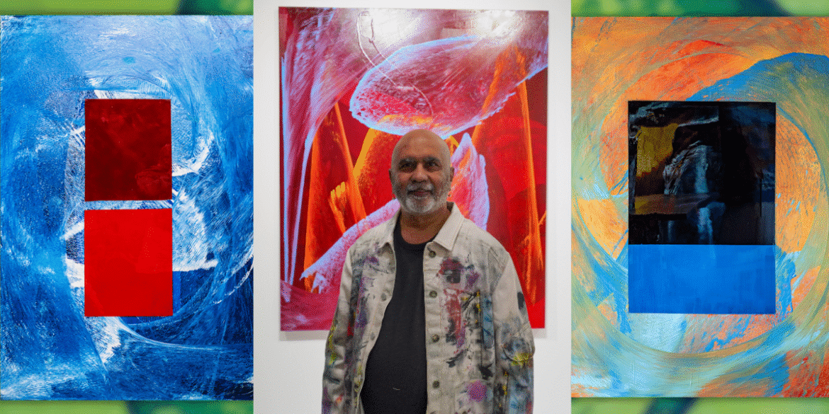 Ritu Raj with guests at his exhibition, showcasing his innovative Color Field abstract paintings that blend emotion and texture.
