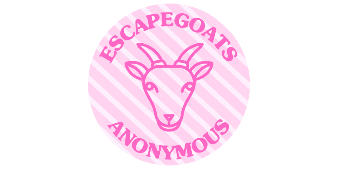 "Logo of Escapegoats Anonymous, a supportive community for survivors of family estrangement, featuring a goat illustration and pink text."