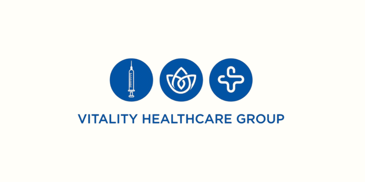 "Vitality Healthcare Group logo featuring a syringe, lotus flower, and medical cross, symbolizing regenerative treatments and holistic healthcare."