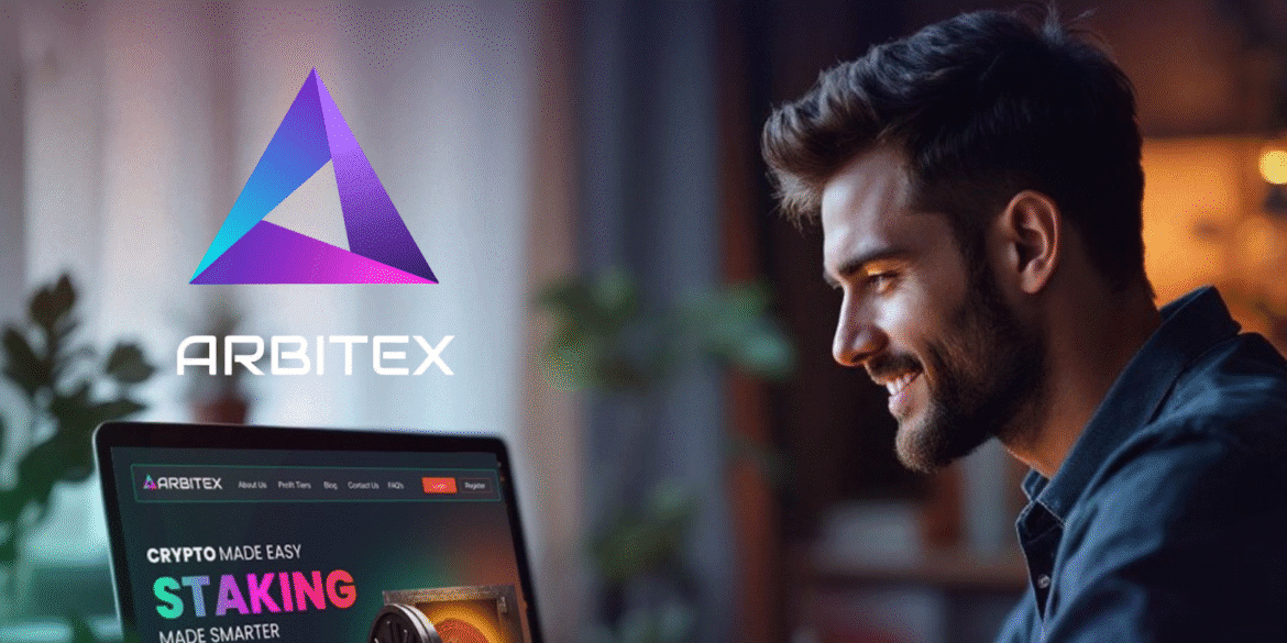 "Arbitex logo displayed alongside a man using a laptop, representing the ease and simplicity of crypto staking and passive income."