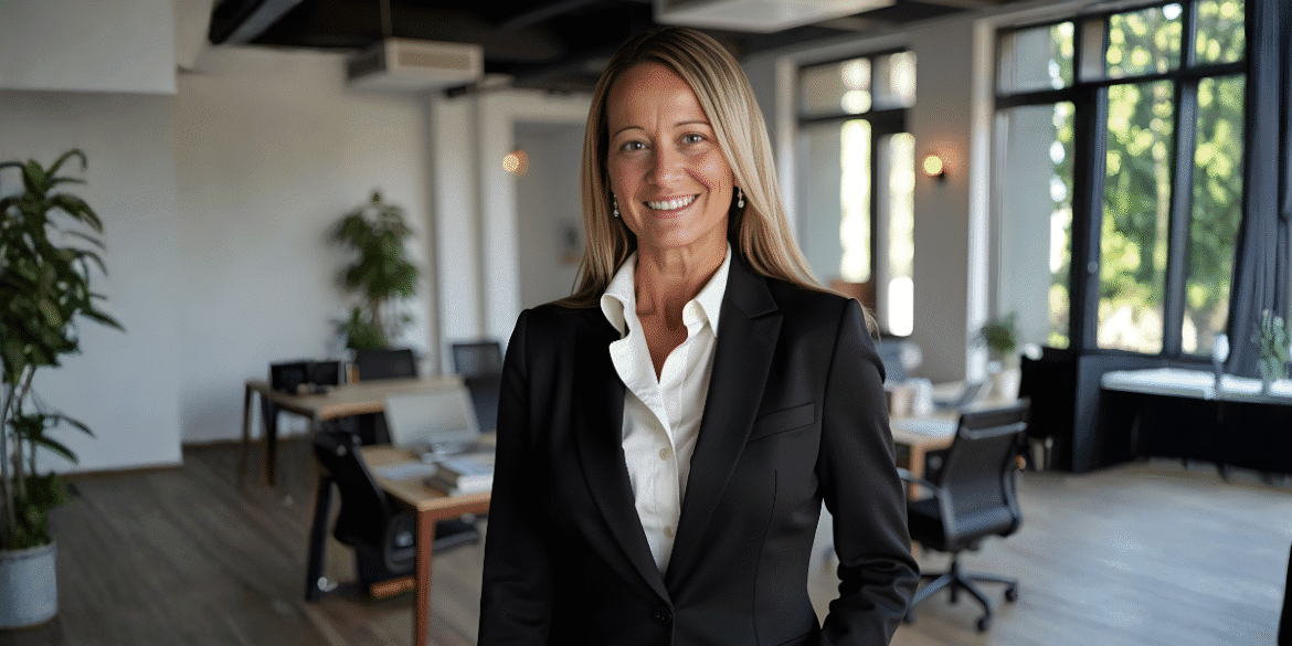 Julie Miracle, therapist and author, standing confidently in a modern office, advocating for personal growth and emotional healing