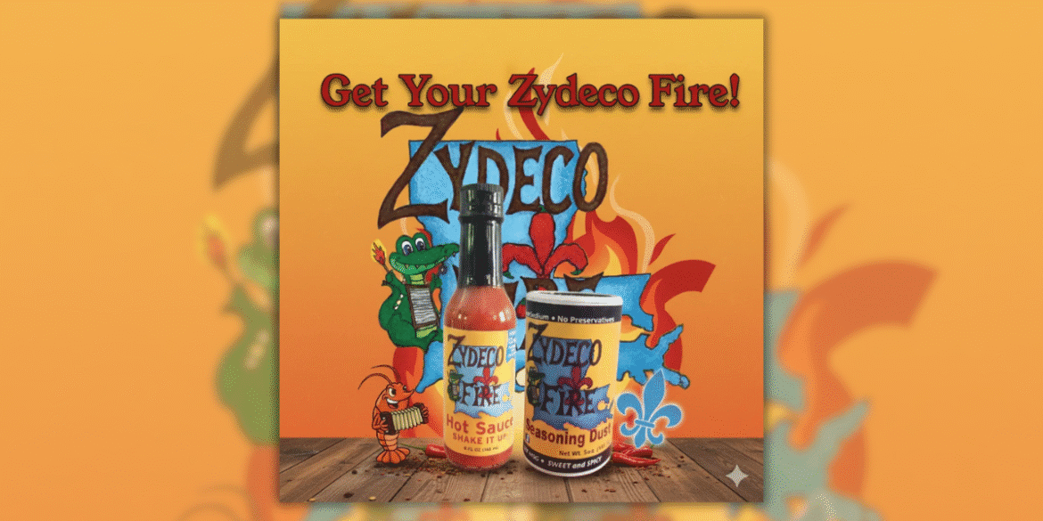 Zydeco Fire hot sauce and seasoning dust bottles with fiery Louisiana-themed background.
