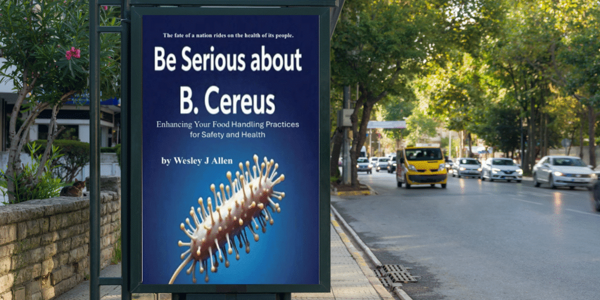 Book advertisement on a city bus stop poster promoting Wesley J. Allen’s “Be Serious About B. Cereus” and its food safety message.
