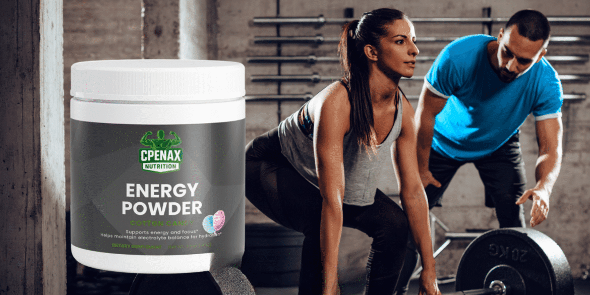Two athletes in a gym using CPENAX NUTRITION Energy Powder to boost performance and recovery during strength training.
