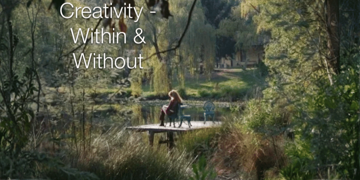Person writing on a lakeside dock surrounded by trees, symbolizing reflection and creativity.