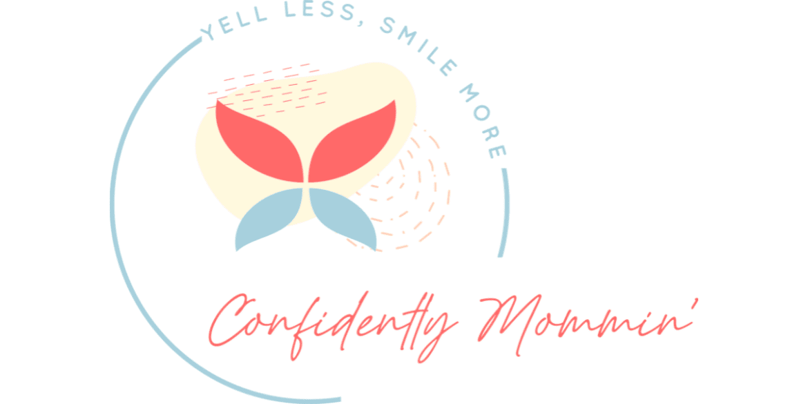 Confidently Mommin’ logo with butterfly design and text “Yell Less, Smile More,” representing Melissa Schulz’s parenting coaching brand and philosophy.