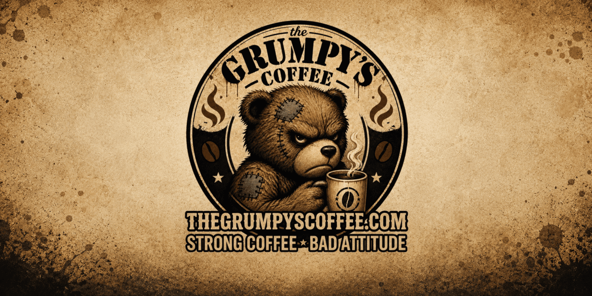 Grumpy teddy bear coffee logo with vintage design and slogan, “Strong Coffee. Bad Attitude.”