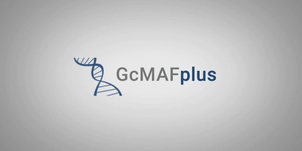 GcMAFplus® logo featuring a DNA strand, symbolizing wellness and immune support."
