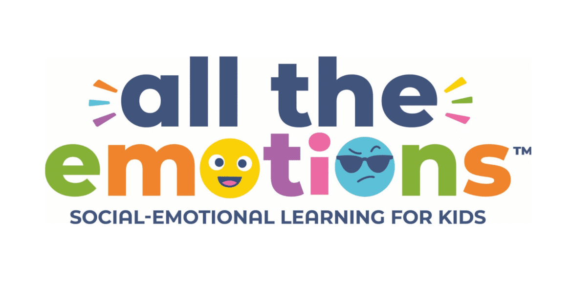 Colorful 'All the Emotions' logo with playful emojis promoting social-emotional learning for kids, showcasing emotional awareness.