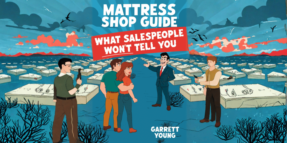 "Mattress Shop Guide book cover by Garrett Young, offering practical, consumer-focused advice to help shoppers make informed mattress purchases."
