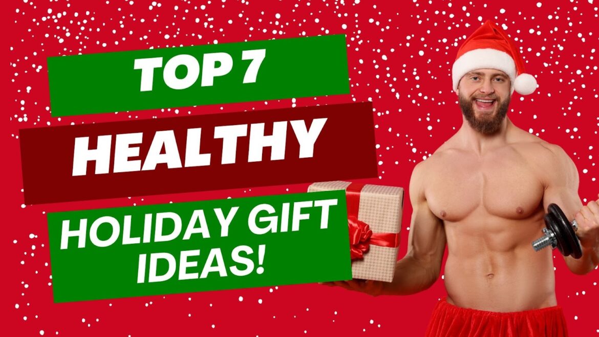 "Male health enthusiast in a Santa hat, holding a gift and a dumbbell, promoting healthy holiday gift ideas for 2025."