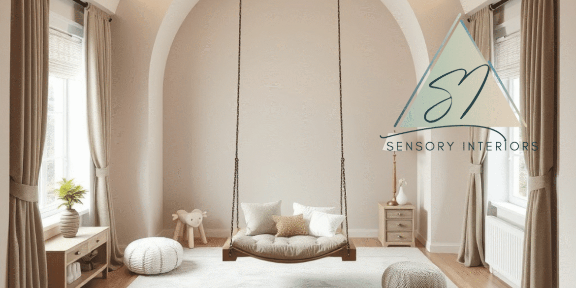 "Sensory Interiors logo over a calming, sensory-friendly room design, reflecting the company's expertise in creating neurodivergent-centered spaces."