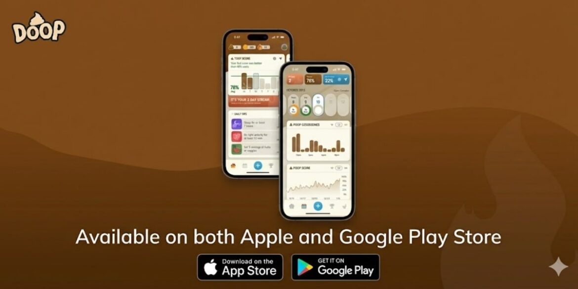 Screenshot of the Doop AI app showcasing digestive health tracking, gamification features, and progress on Apple and Google Play stores