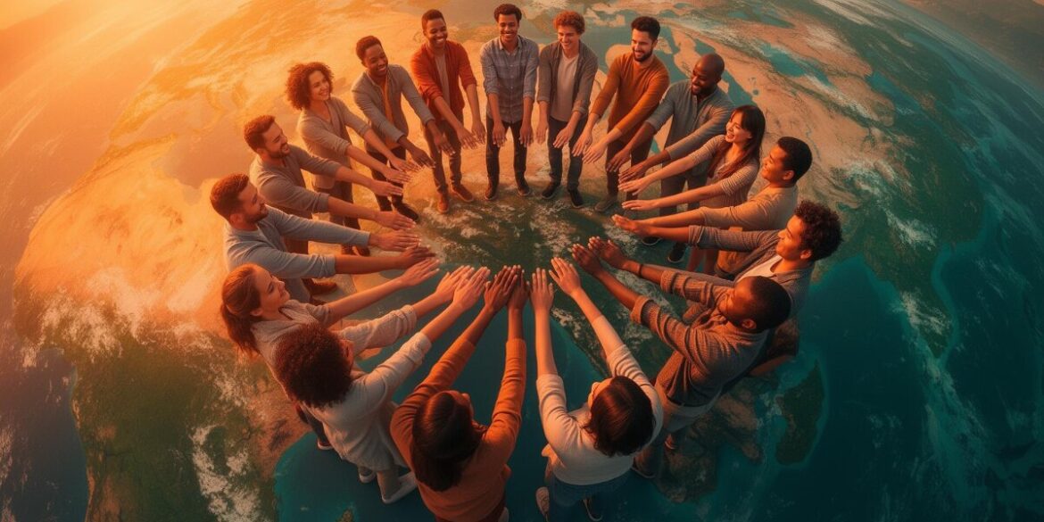 A diverse group of people joining hands around the world, symbolizing unity, connection, and sharing authentic human stories.