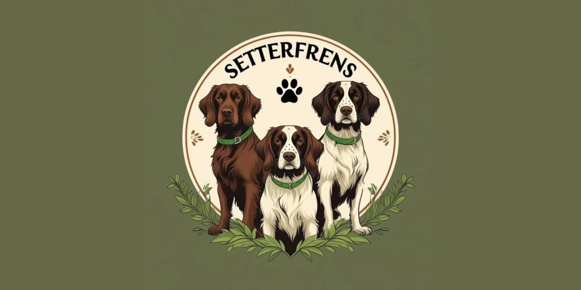 Three Irish Setters, Maggie, Rebel, and Bear, with the Setterfrens logo above them, set against a green background.