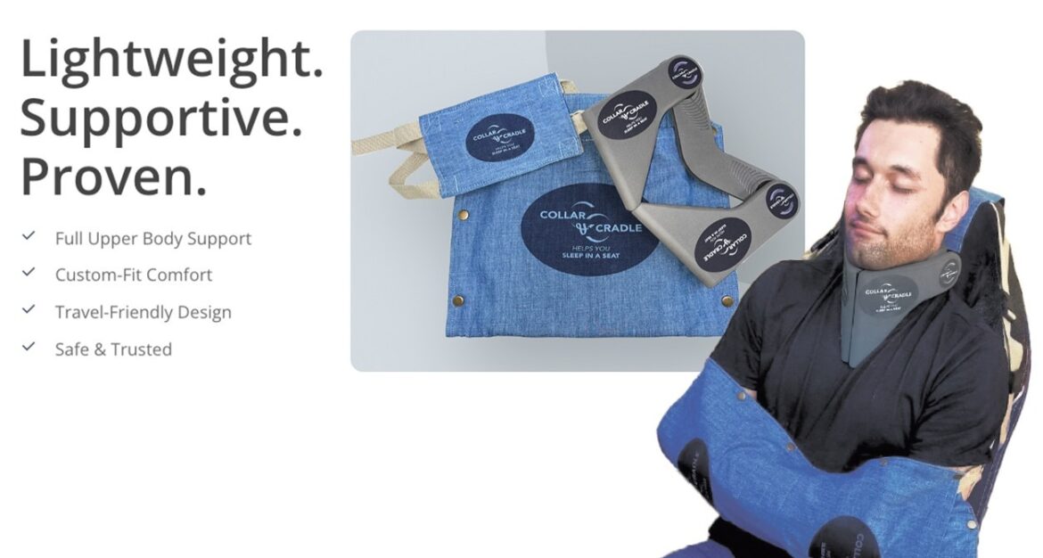 Collar & Cradle provides full upper body support for restful sleep while seated during travel.