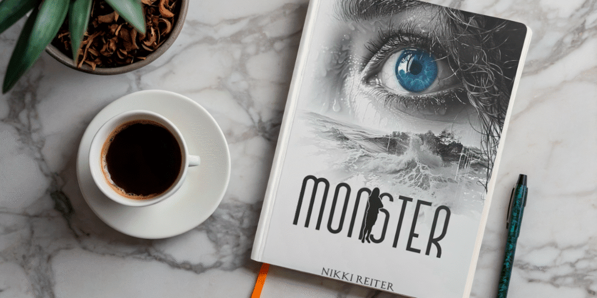 Monster by Nikki Reiter, a psychological thriller about captivity, survival, and power, with coffee and a pen.