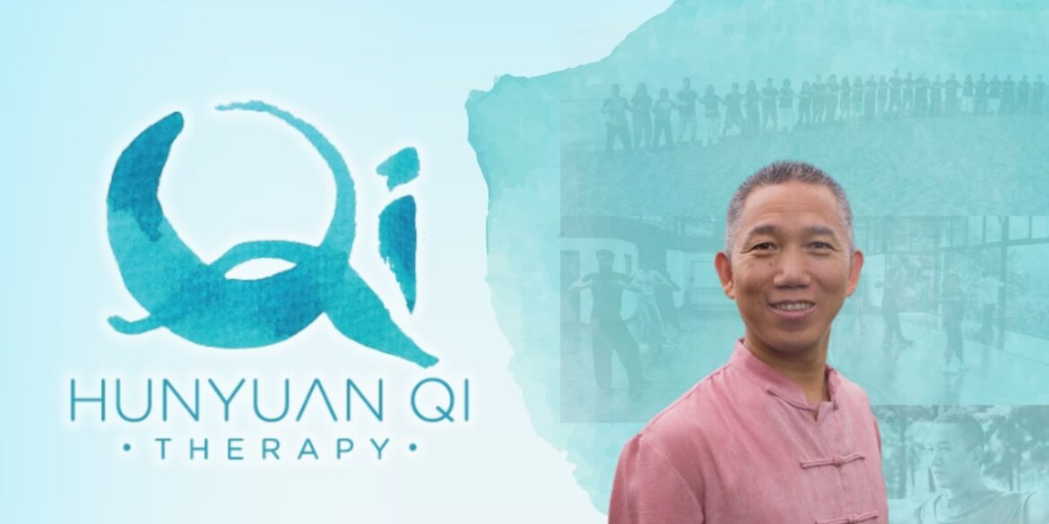 Dr. Pang Ming with the Hunyuan Qi Therapy logo, promoting Qi healing, wellness, and energy balance across the globe