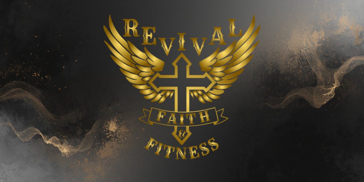 Logo of Revival Faith & Fitness featuring a golden cross with wings, symbolizing the integration of faith and fitness.