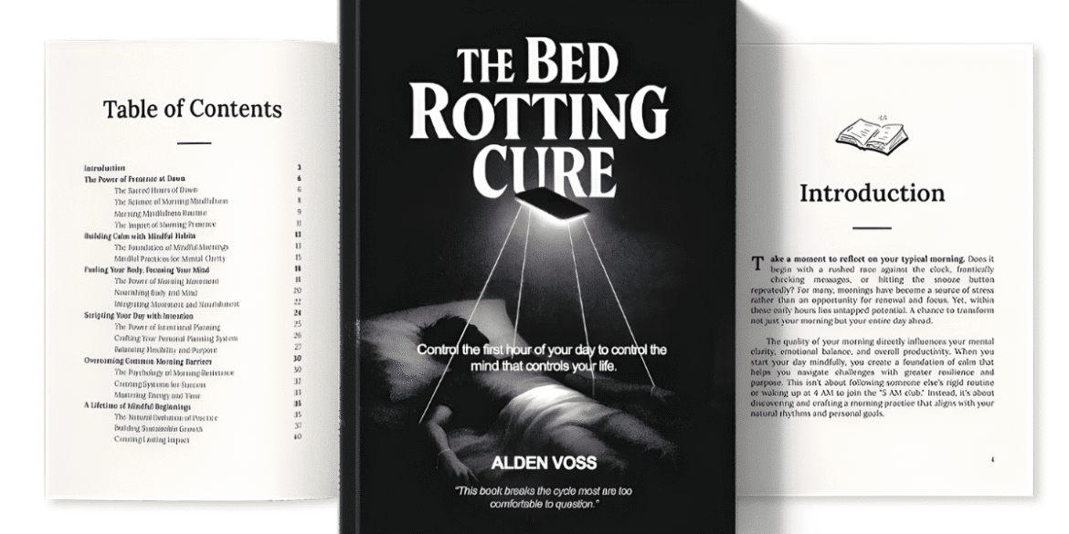 Book cover with table of contents: "The Bed Rotting Cure" by Alden Voss, offering strategies for breaking morning inertia.