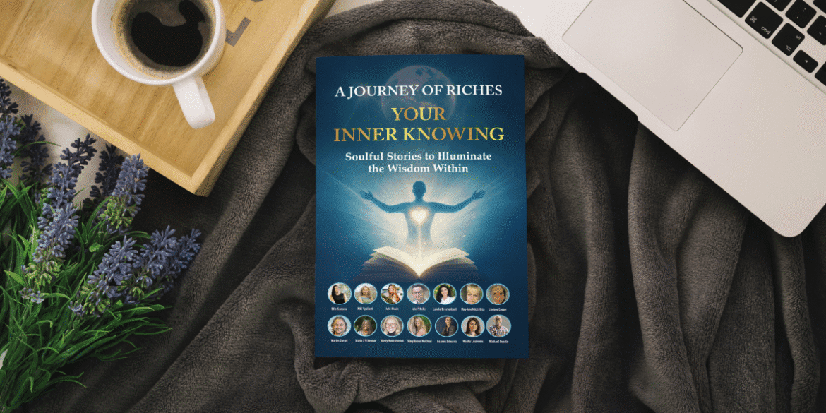 A cup of coffee and "Your Inner Knowing" book on a cozy setting with lavender flowers.