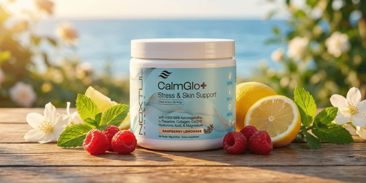 CalmGlo+ supplement with raspberries, lemons, and mint by a serene beach, promoting stress relief and skin support.