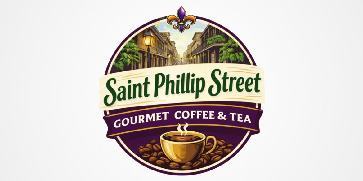 Saint Phillip Street Gourmet Coffee & Tea logo featuring a historic New Orleans street with a coffee cup and beans.