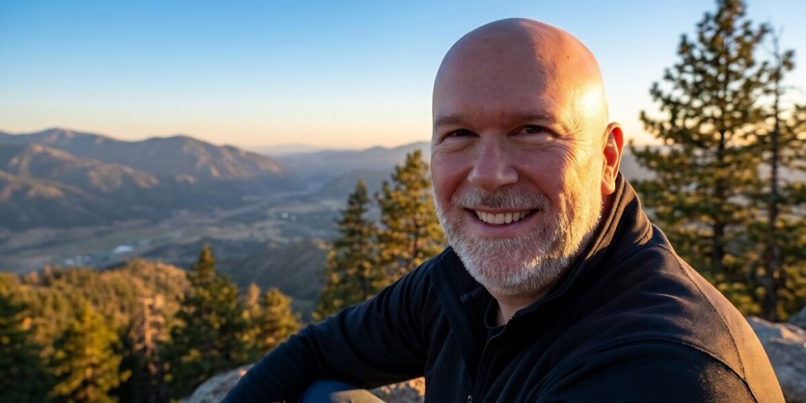 A bald man with a beard smiles warmly at the camera, embodying a positive outlook on retirement and purposeful living.