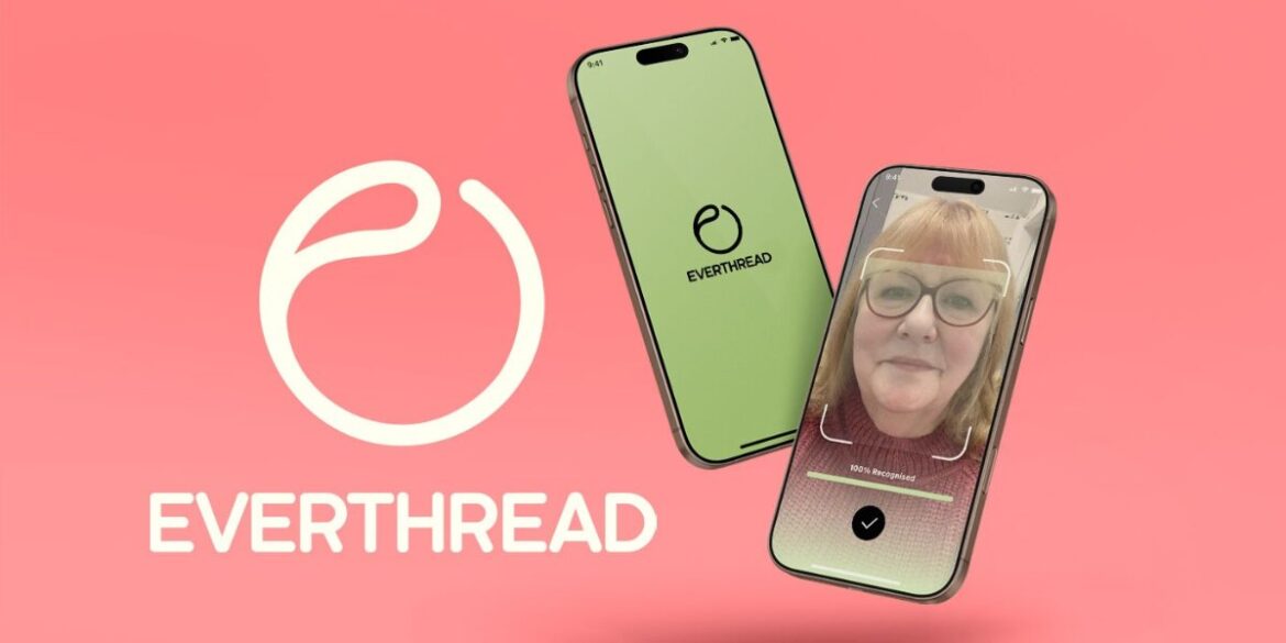 Everthread app interface showing facial recognition on a smartphone screen with a user’s image and recognition confirmation.